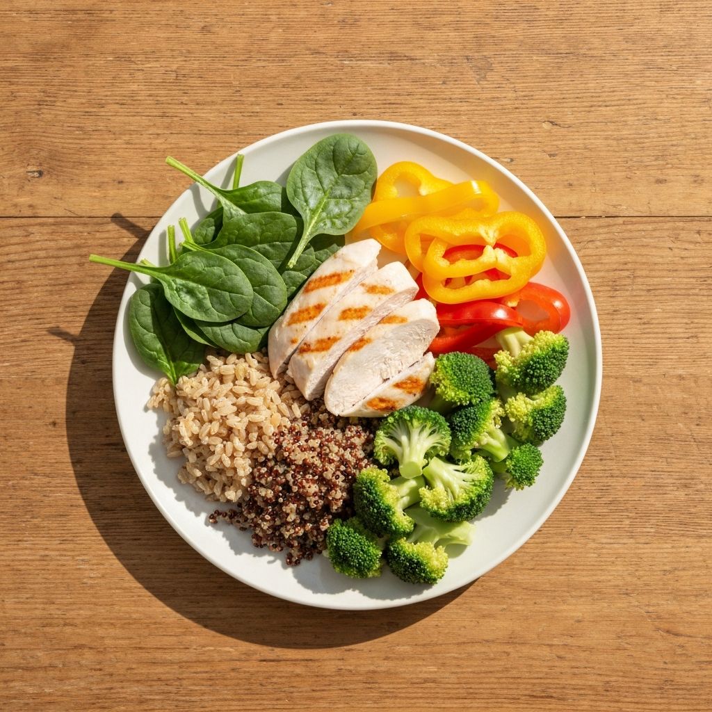 Balanced plate with vegetables, whole grains, and protein